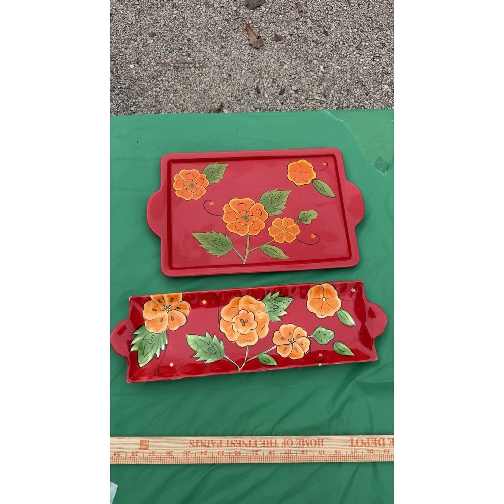 Temp-tations by Tara Red Floral Serving‎ Trays Set of 2 Rectangular Platters